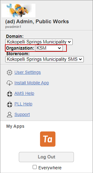 Change Organization from the User Menu